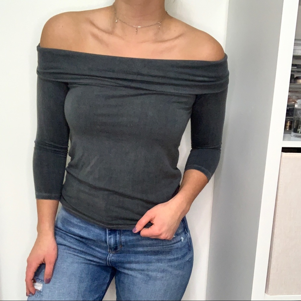 Gray American Eagle Fitted Off the Shoulder Top